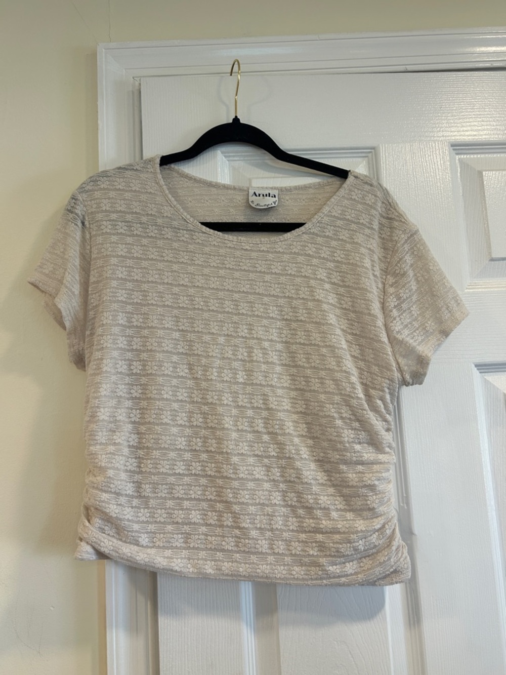 ARULA Cream Short Sleeve Knit Tee with Subtle Stripe Texture